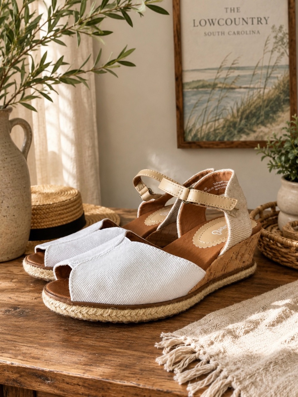 BareTraps White and Beige Espadrille Wedge Sandals